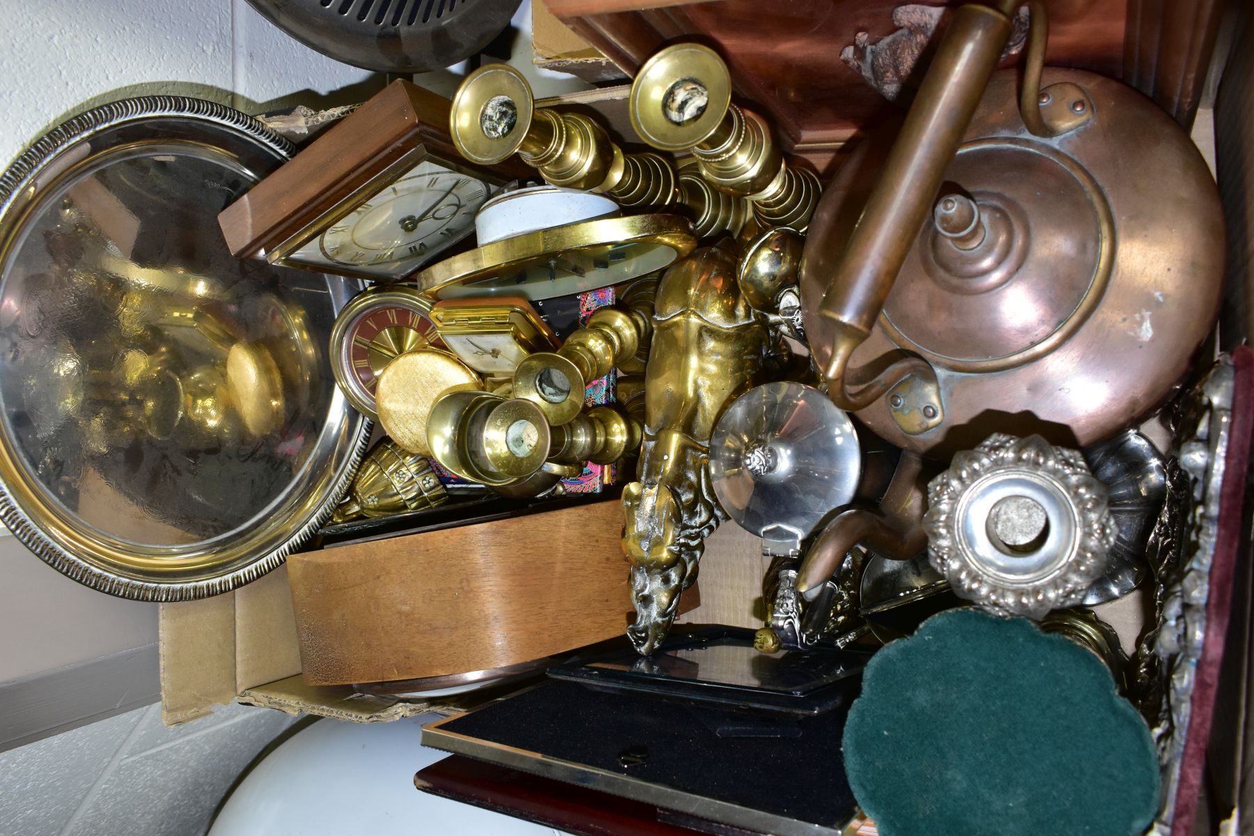 A BOX OF METALWARE, including a Carrs modern hallmarked silver photograph frame, (inner measurements