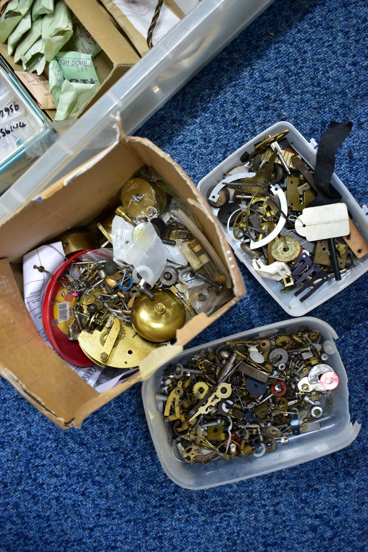 FOUR BOXES OF CLOCK AND WATCH PARTS, to include a box of clock weights, pendulum weights, hands, - Image 3 of 5