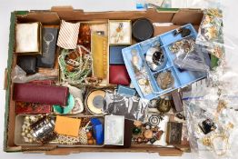 A BOX OF MISCELLANEOUS ITEMS, to include a quantity of costume jewellery, compacts to include '