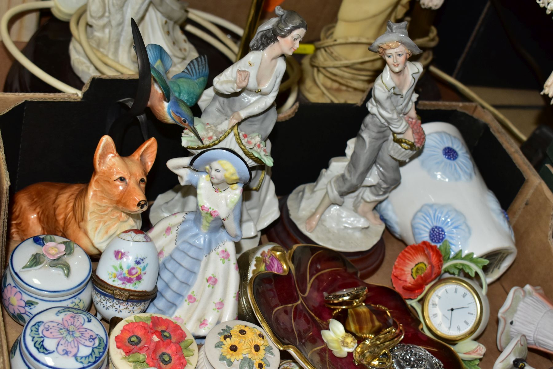 SIX BOXES OF CERAMICS AND GLASSWARE, including modern figural ornaments, a Churchill floral - Image 12 of 13