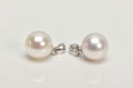 TWO MOUNTED CULTURED PEARL PENDANTS, each pendant fitted with a single cultured pearl, measuring