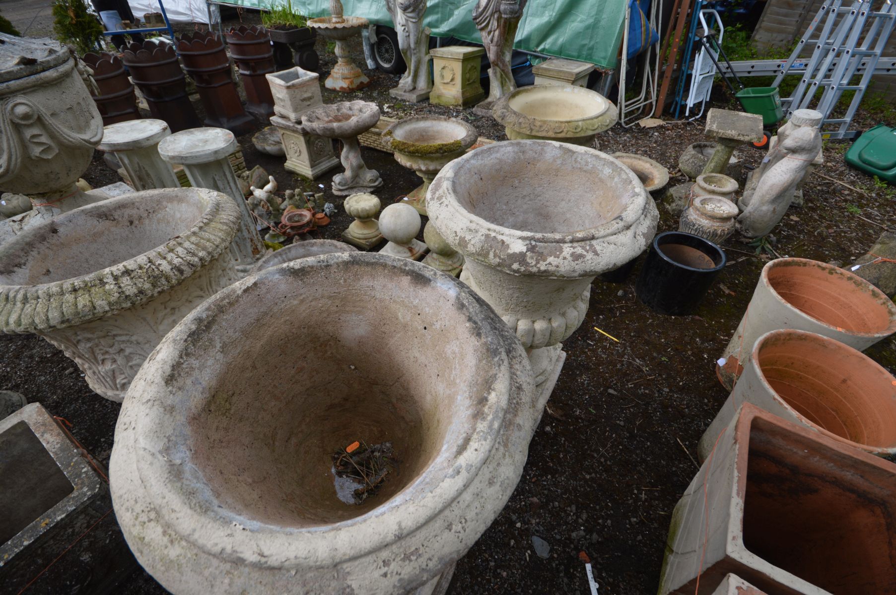 A PAIR OF LARGE COMPOSITE CAMPANA URNS, on separate matched plinths with Art Nouveau decoration, - Image 3 of 3