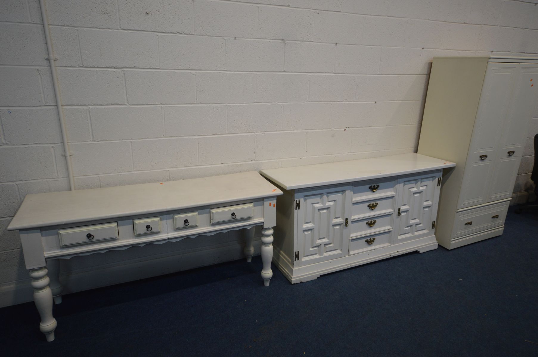 A LATE 20TH CENTURY SIDEBOARD, with four drawers flanked by fielded panelled doors, brass back - Image 3 of 4