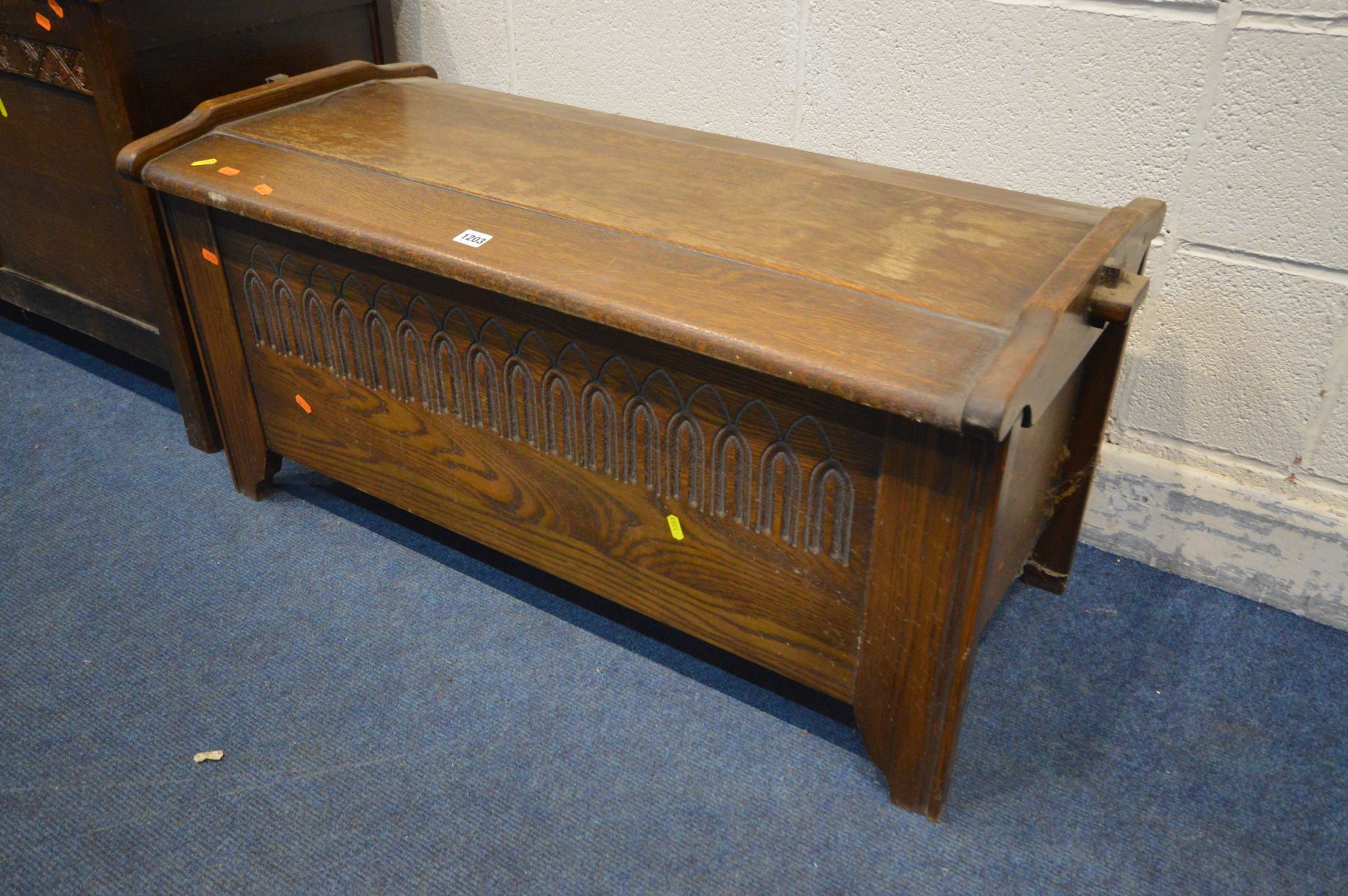 AN OAK BLANKET CHEST, width 104cm x depth 48cm x height 49cm together with another oak blanket chest - Image 2 of 3