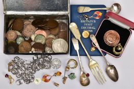 A BOX OF ASSORTED ITEMS, to include an AF Georgian silver teaspoon, engraved monogram to the handle,