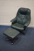 A GREEN LEATHER RECLINING ARMCHAIR and footstool (Sd) (2)