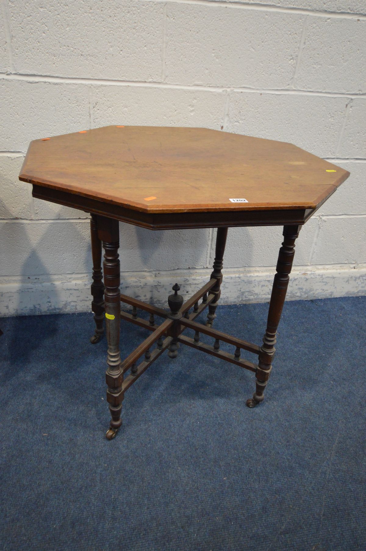 AN EDWARDIAN MAHOGANY OCTAGANAL OCCASSIONAL TABLE, on turned supports united by a central finial, on - Image 2 of 3