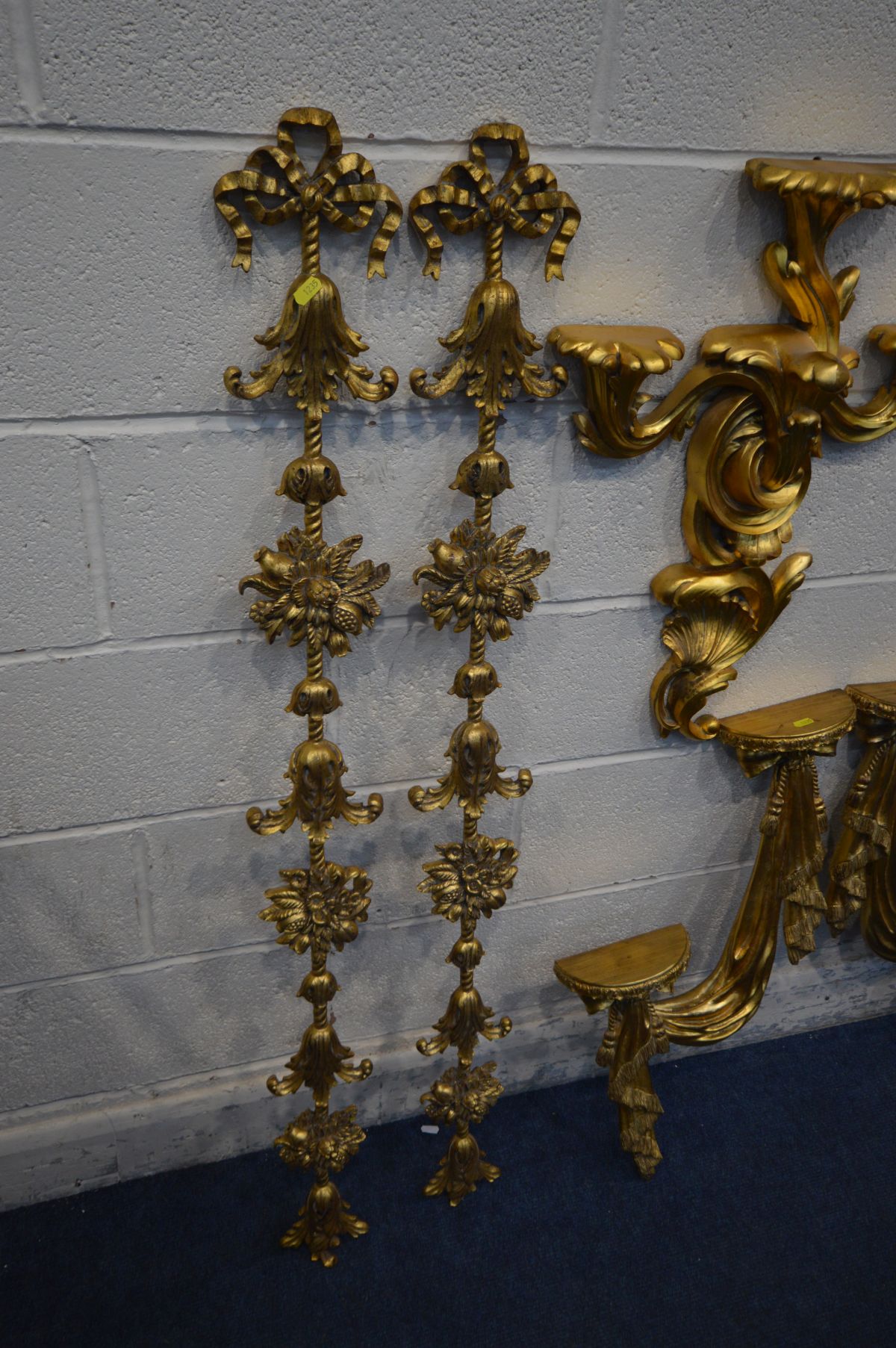 THREE PAIRS OF LATE 20TH CENTURY GILT WALL ART/DECORATION, and a rococo style glass two tier wall - Image 5 of 6