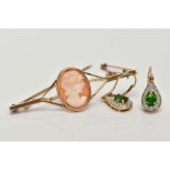 A 9CT GOLD CAMEO BROOCH AND A PAIR OF YELLOW METAL DROP EARRINGS, the brooch set with an oval