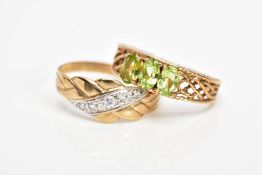 TWO 9CT GOLD GEM SET RINGS, the first designed with three oval cut, claw set peridots, rope twist
