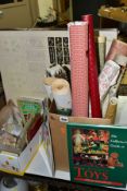 THREE BOXES OF CIGARETTE CARDS, BEER MATS, DOLLS HOUSE ACCESSORIES, ETC, including a boxed Wood