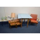 A MID 20TH CENTURY BEECH OPEN ARMCHAIR with red leatherette upholstery, along with a Remploy Formica