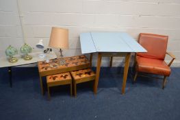 A MID 20TH CENTURY BEECH OPEN ARMCHAIR with red leatherette upholstery, along with a Remploy Formica