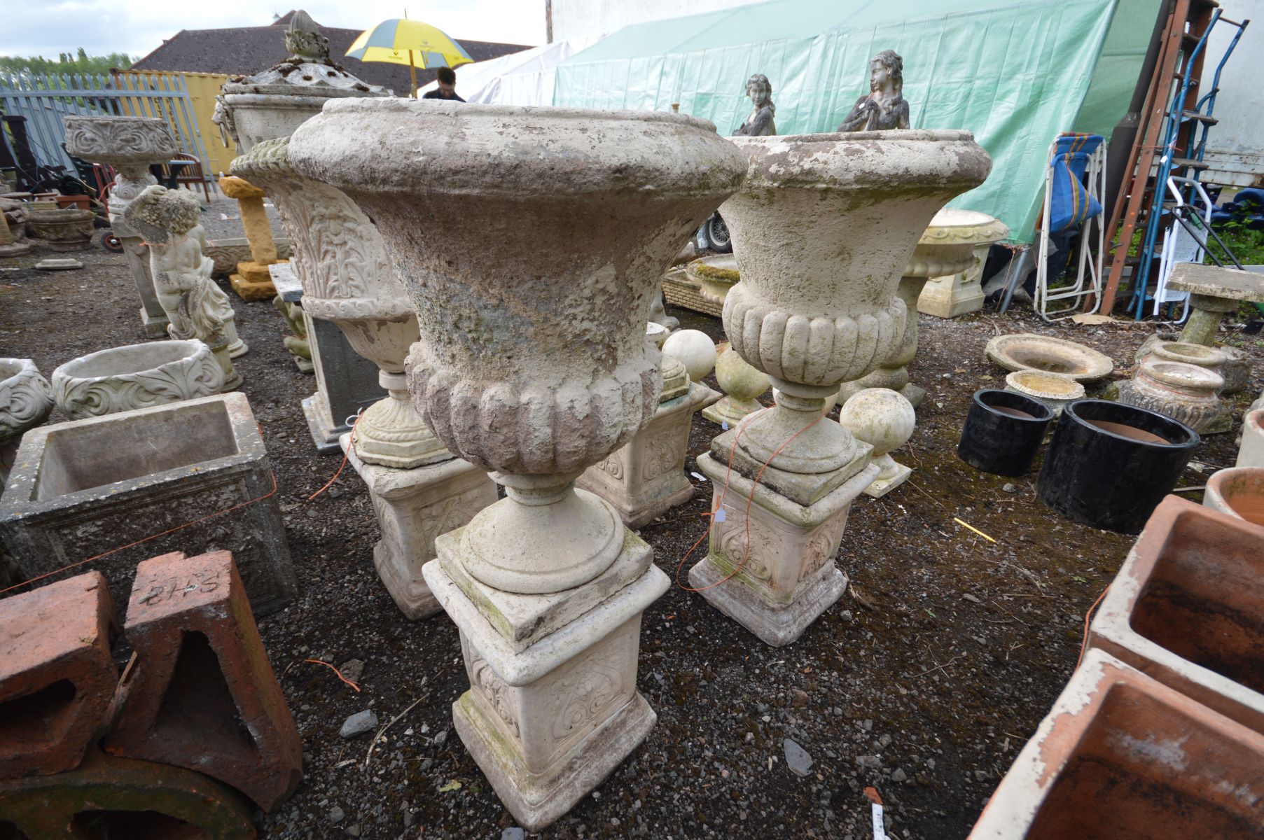 A PAIR OF LARGE COMPOSITE CAMPANA URNS, on separate matched plinths with Art Nouveau decoration, - Image 2 of 3