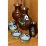 A SMALL GROUP OF MODERN ORIENTAL CLOISONNE, CERAMICS, ETC, including a Cloisonne baluster vase