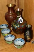 A SMALL GROUP OF MODERN ORIENTAL CLOISONNE, CERAMICS, ETC, including a Cloisonne baluster vase