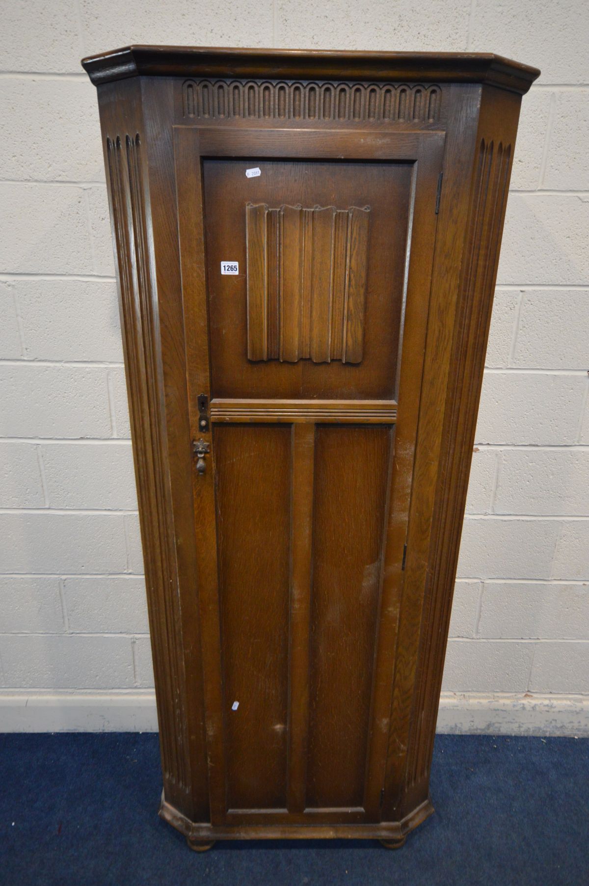 AN OAK PANELLED HALL ROBE, on bun feet, width 80cm x depth 42cm x height 189cm (no key)