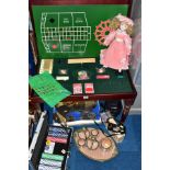 A QUANTITY OF GAMES, METALWARES, CAMERA, etc, including a mahogany finish coffee table with hinged