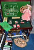 A QUANTITY OF GAMES, METALWARES, CAMERA, etc, including a mahogany finish coffee table with hinged