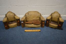 A MINITURE ART DECO THREE PIECE SUITE comprising a settee, width and a pair of armchairs (