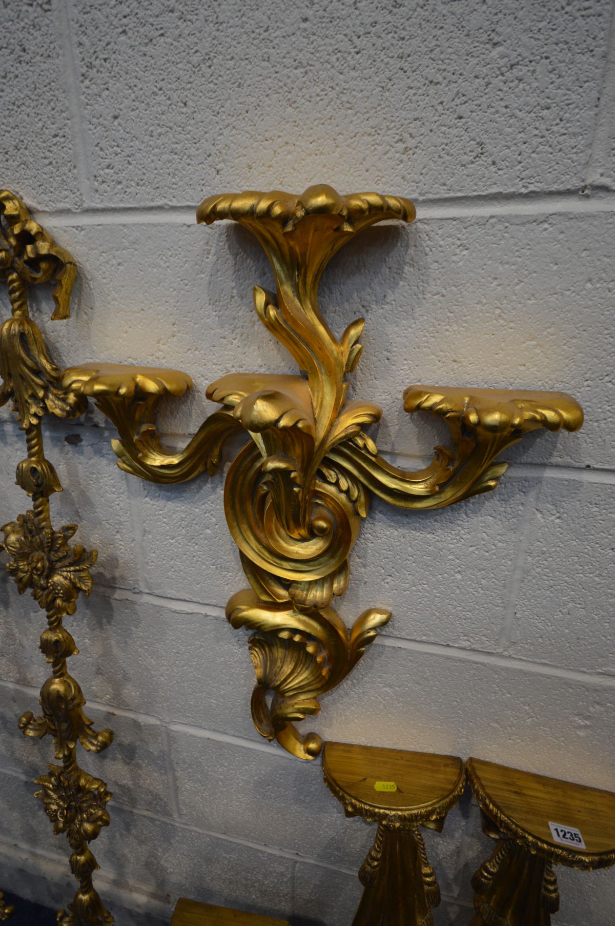 THREE PAIRS OF LATE 20TH CENTURY GILT WALL ART/DECORATION, and a rococo style glass two tier wall - Image 4 of 6