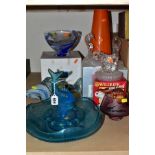 A SMALL GROUP OF GLASSWARE comprising a boxed Caithness bowl with blue swirl inclusion and etched