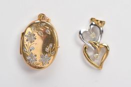 TWO 9CT GOLD PENDANTS, the first an oval locket with floral decoration, the second a bi-colour