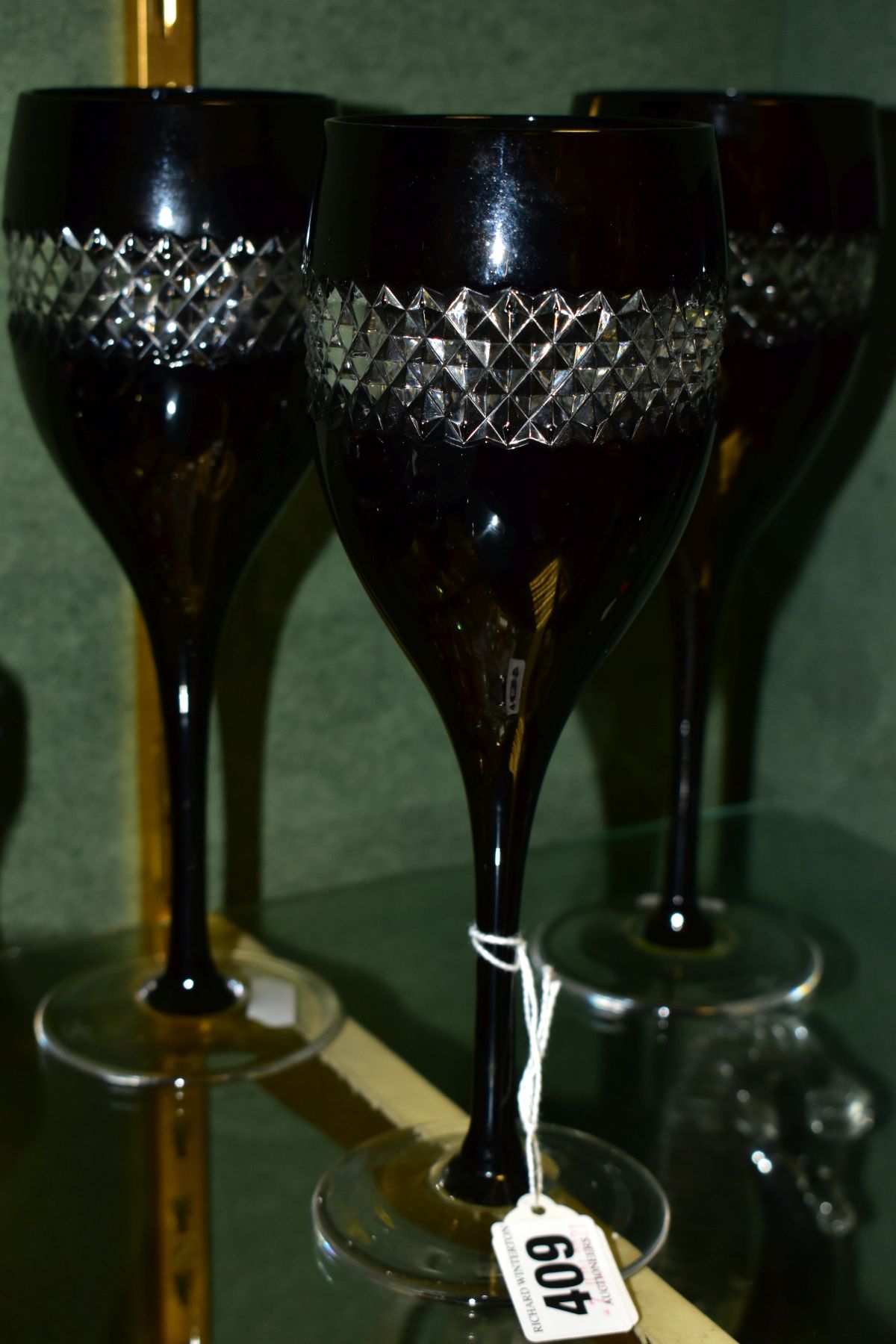 A SET OF FIVE WATERFORD CRYSTAL JOHN ROCHA BLACK CUT WINE GLASSES, all with etched Waterford - Image 3 of 5
