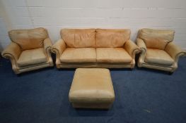 A BROWN LEATHER FOUR PIECE LOUNGE SUITE comprising a settee, width 200cm x seat width 159cm x