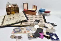 A BOX CONTAINING COINS, COIN ALBUMS COMMEMORATIVES to include two albums with 20th Century half