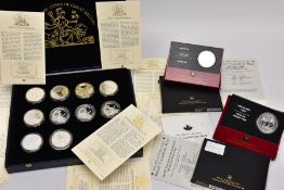 A QUANTITY OF SILVER PROOF COINS to include two cased issues a 2005 five dollar 1945-2005, a 2006