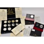 A QUANTITY OF SILVER PROOF COINS to include two cased issues a 2005 five dollar 1945-2005, a 2006