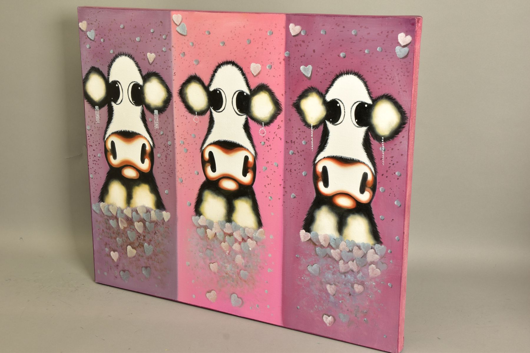 IN THE STYLE OF CAROLINE SHOTTON (BRITISH 1973) three quirky cows wearing earrings, unsigned, oil on - Image 4 of 7