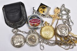 A BAG OF ASSORTED NOVELTY POCKET WATCHES, to include five novelty pocket watches with various