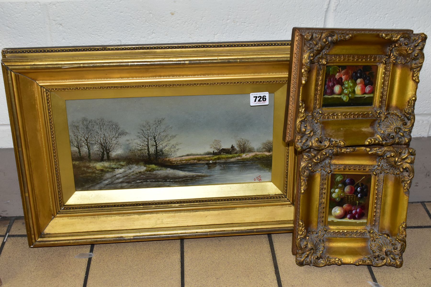 THREE OIL PAINTINGS, comprising a rural river scene with a figure rowing a boat across a river,
