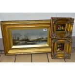 THREE OIL PAINTINGS, comprising a rural river scene with a figure rowing a boat across a river,