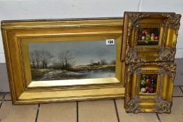 THREE OIL PAINTINGS, comprising a rural river scene with a figure rowing a boat across a river,