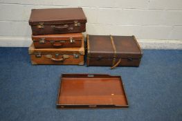 FOUR VINTAGE SUITCASES and a mahogany butlers tray (5)