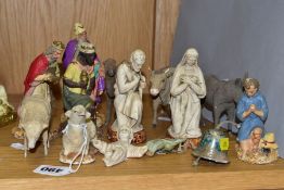 A NATIVITY GROUP, to include plaster Mary, Joseph, Jesus and sheep (all white), three kings (