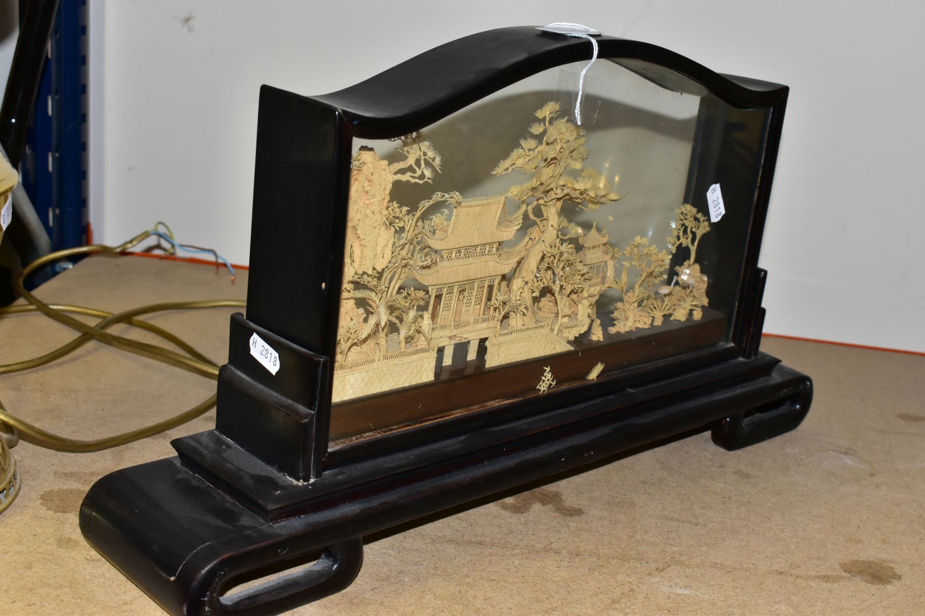 A 20TH CENTURY CHINESE CORK DIORAMA OF PAGODAS IN A LANDSCAPE, in a glazed case with a scrolled - Image 2 of 10