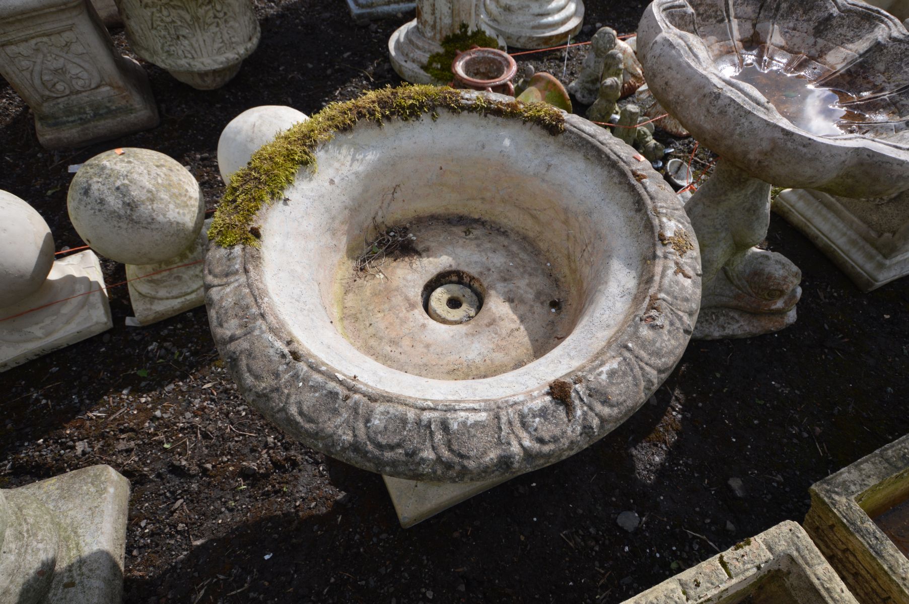 A COMPOSITE GARDEN CAMPANA URN, on a separate base, stamped Sandford stone, diameter 61cm x height - Image 2 of 2