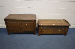 AN OAK BLANKET CHEST, width 104cm x depth 48cm x height 49cm together with another oak blanket chest