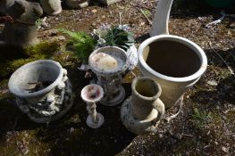 A GLAZED CIRCULAR PLANTER, a composite circular planter with cherub decoration, a clay ewer, two