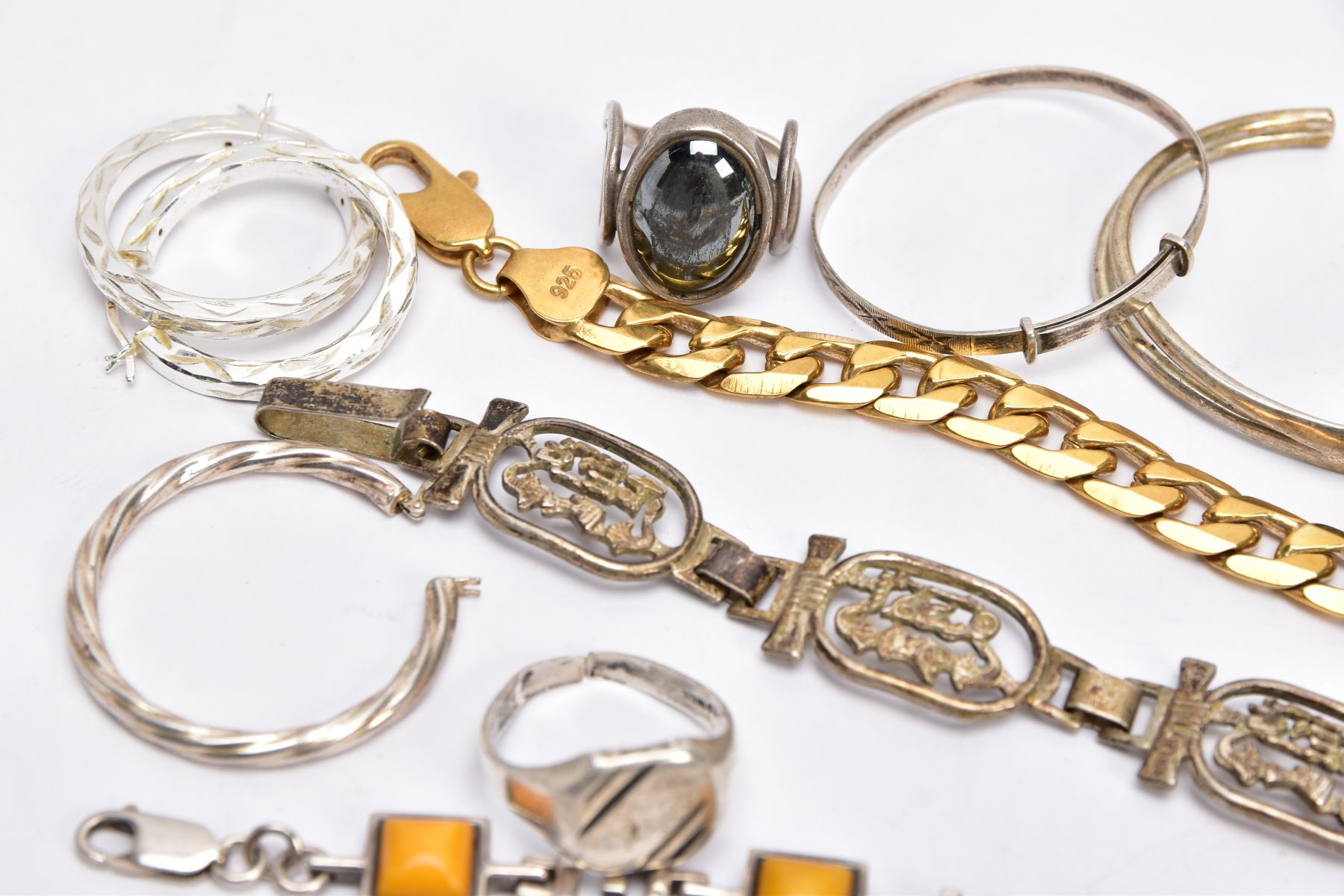 A BAG OF ASSORTED JEWELLERY, to include two gold plated curb link bracelets, each fitted with a - Image 3 of 4