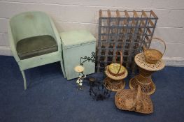 A MINT WICKER BEDROOM CHAIR, matching linen basket, wine rack, two graduated circular caned