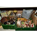 SEVEN BOXES AND LOOSE MISCELLANEOUS ITEMS, including textiles, balance scales with imperial