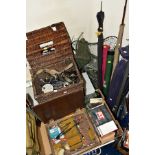 A QUANTITY OF FISHING EQUIPMENT, including line, floats, flies, folding stool, a wicker fishing