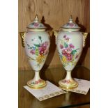 A PAIR OF LATE 20TH CENTURY ROYAL WORCESTER BLUSH IVORY LIMITED EDITION COVERED VASES, 'Floral Mist'