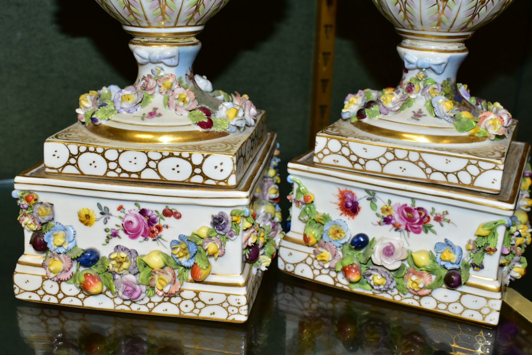 A PAIR OF EARLY 20TH CENTURY POTSCHAPPEL PORCELAIN TWIN HANDLED FLORAL ENCRUSTED VASES ON PLINTHS, - Image 5 of 20