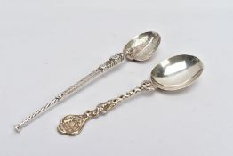 TWO SILVER REPLICA SPOONS, comprising an Edwardian silver anointing spoon, by Elkington Co. Ltd,